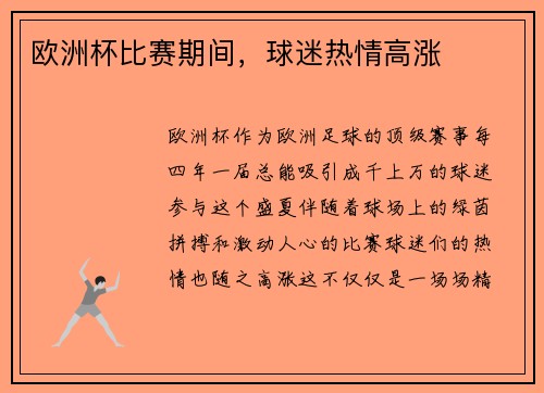 欧洲杯比赛期间，球迷热情高涨